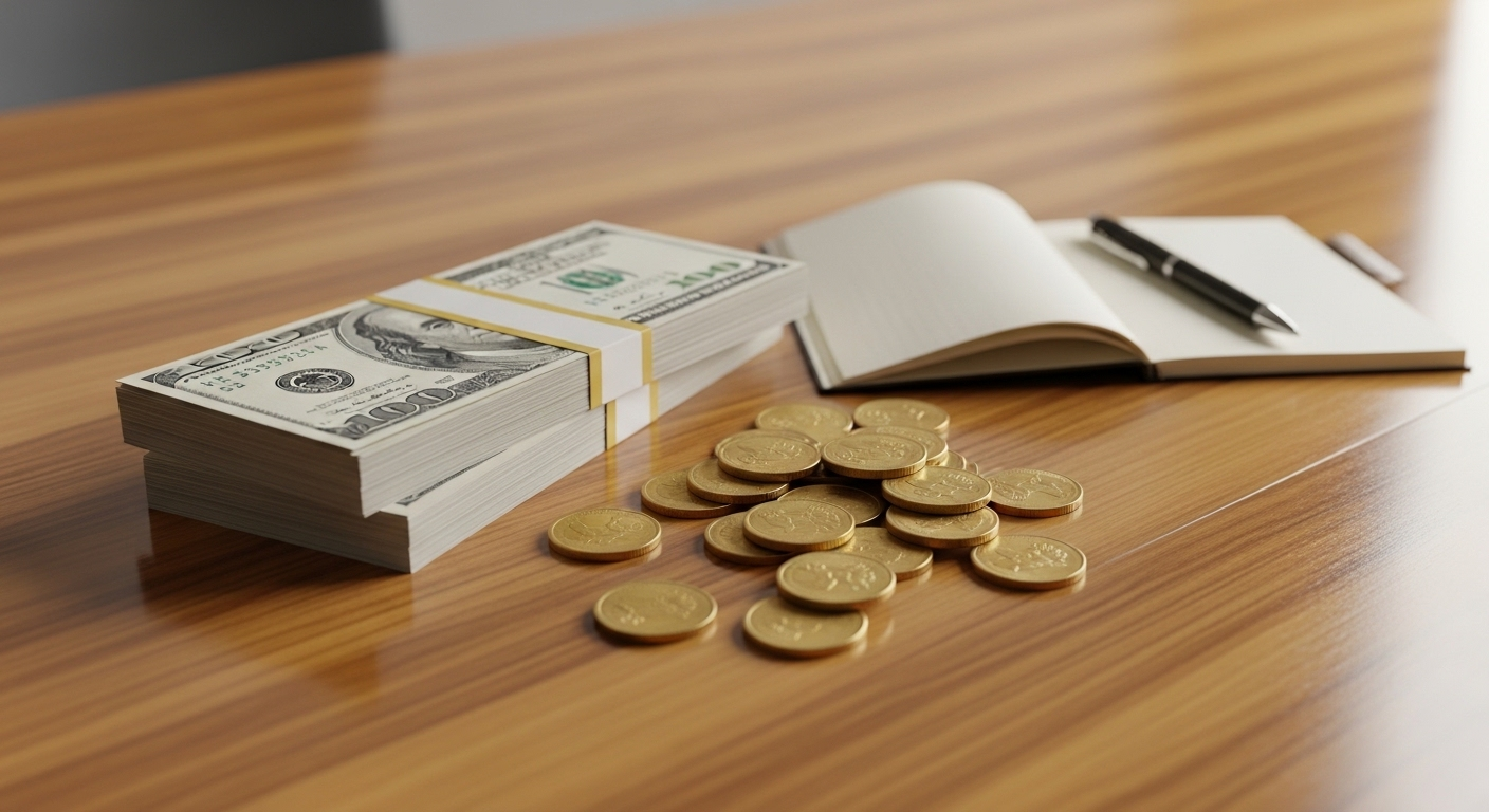 Chồng tiền mặt, xu vàng và sổ ghi chú trên bàn gỗ sáng, gợi ý về tiềm năng tài chính và tìm hiểu cách kiếm tiền trên YouTube.