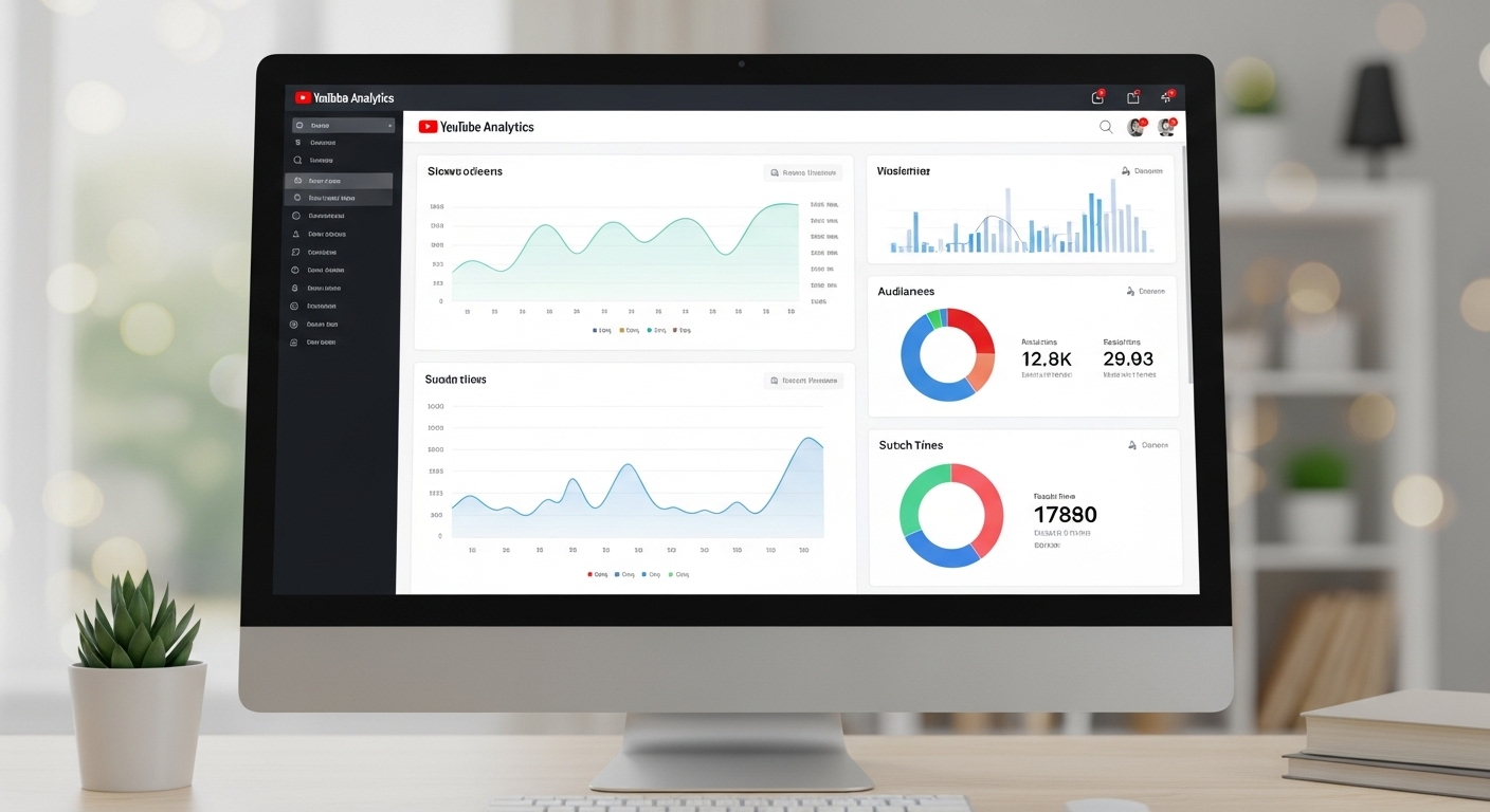 Màn hình hiển thị bảng điều khiển YouTube Analytics chi tiết với biểu đồ tương tác người xem, dữ liệu nhân khẩu học và số liệu người đăng ký, minh họa chiến lược phát triển kênh sau khi học cách tạo kênh YouTube.
