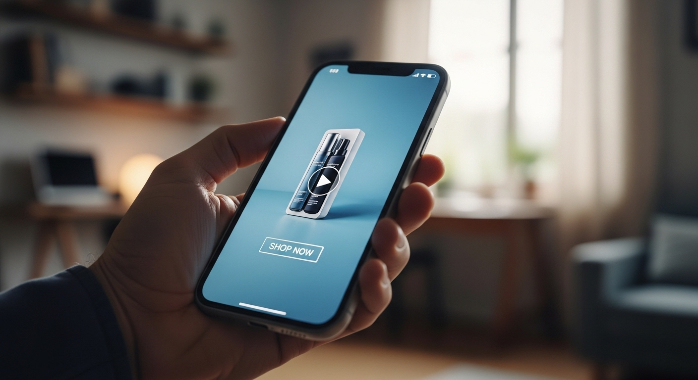 Tay đang giữ điện thoại hiển thị video review sản phẩm sống động với nút 'Shop Now', một ví dụ về cách kiếm tiền từ Youtube.