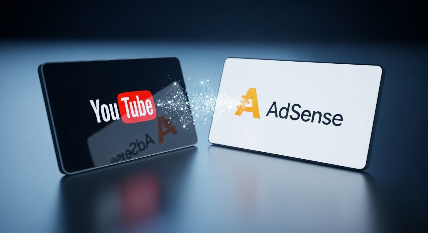 Hình ảnh hai màn hình kỹ thuật số với logo YouTube và Google AdSense kết nối, minh họa cách bật kiếm tiền trên Youtube.