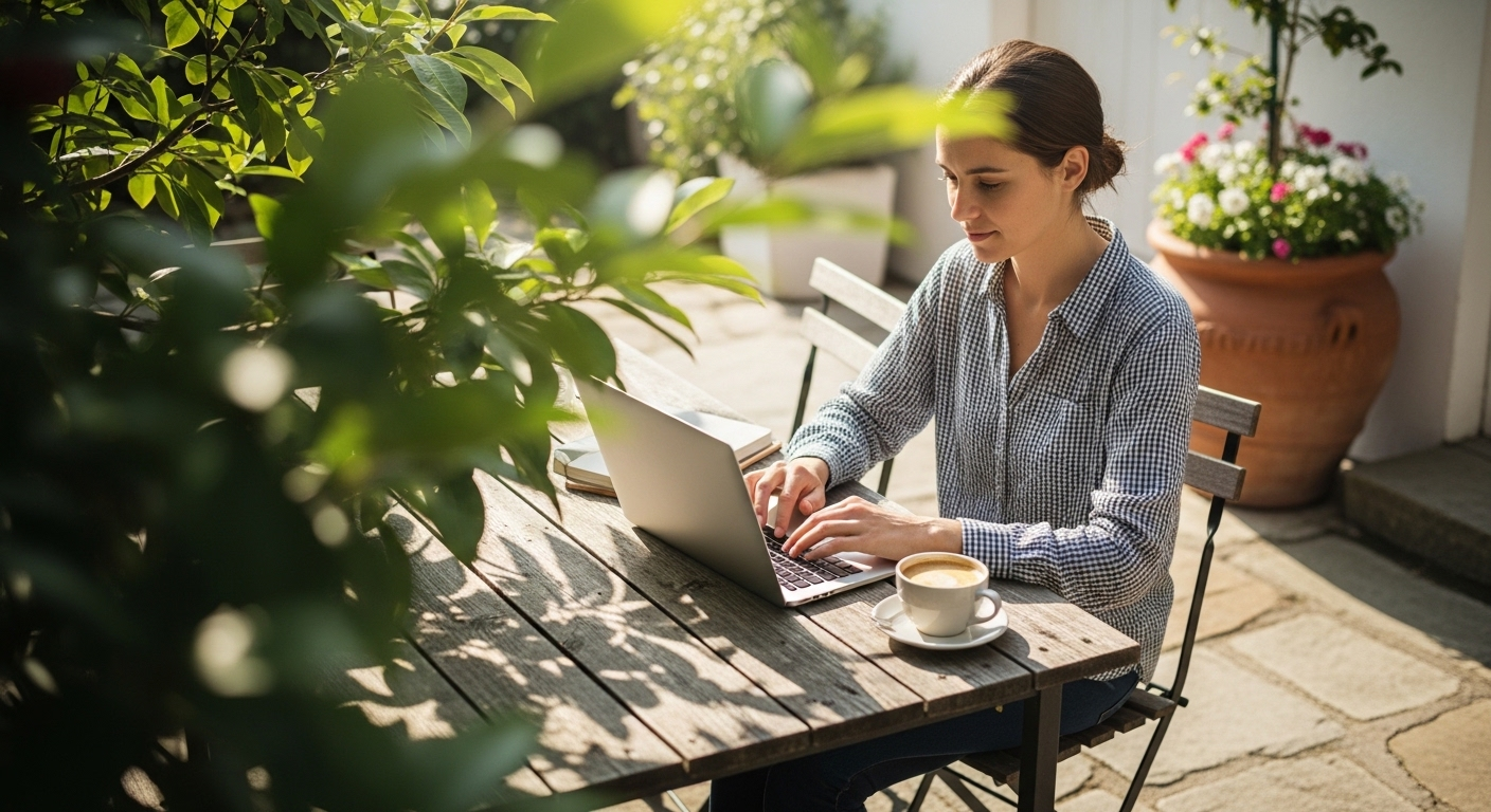 Một người làm việc bình yên trên laptop tại sân hiên xanh mát, cà phê ấm bên bàn gỗ mộc – môi trường lý tưởng để phát triển nội dung và thực hiện cách kiếm tiền trên YouTube linh hoạt.