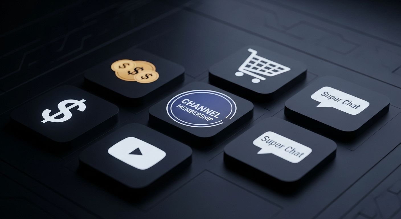 Các biểu tượng số phát sáng đại diện cho những hình thức kiếm tiền trên YouTube như quảng cáo, thành viên kênh, sản phẩm và Super Chat, giúp người dùng hiểu rõ hơn về cách bật kiếm tiền Youtube.