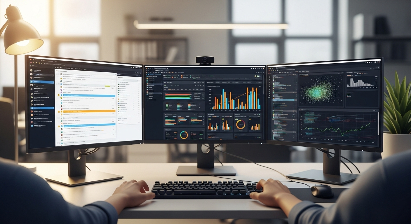 Bàn làm việc đa màn hình hiển thị dữ liệu phân tích và giao diện quản lý mạng xã hội, minh họa cách kiếm tiền trên Facebook hiệu quả.