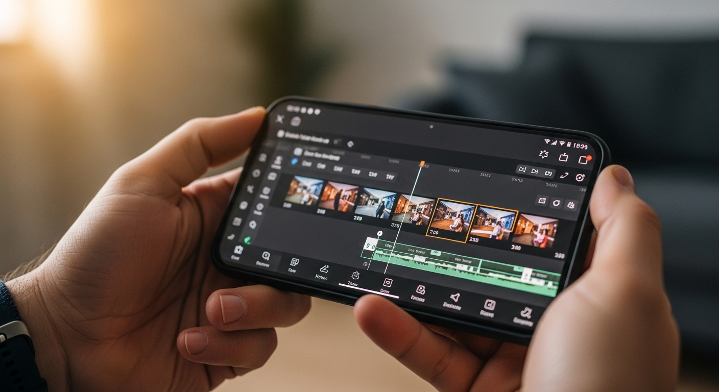 Bàn tay đang cầm điện thoại ngang, chỉnh sửa video trên ứng dụng di động với timeline rõ ràng, minh họa cách làm YouTube trên điện thoại.