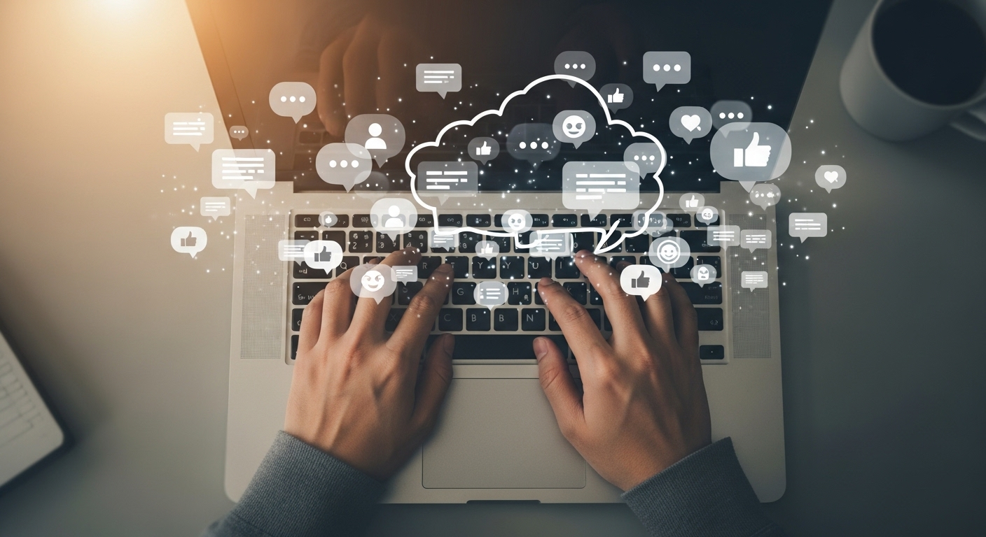 Người đang gõ laptop với các biểu tượng tương tác số nổi bật, minh họa hoạt động xây dựng cộng đồng trực tuyến, hướng đến tìm hiểu cách bật kiếm tiền từ Facebook cá nhân.