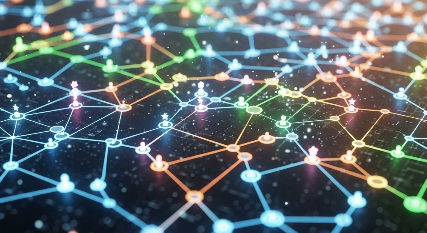 Cảnh quan kỹ thuật số trừu tượng, sống động với các kết nối và biểu tượng ngôi sao, minh họa môi trường lý tưởng để tìm hiểu cách bật kiếm tiền trên Facebook và phát triển.