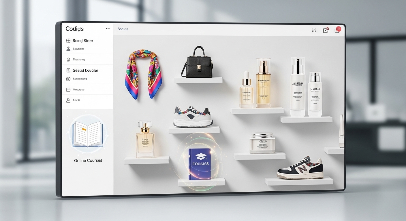 Gian hàng số hiện đại trưng bày đa dạng sản phẩm (thời trang, mỹ phẩm, khóa học), minh họa cách kiếm tiền trên Facebook hiệu quả.