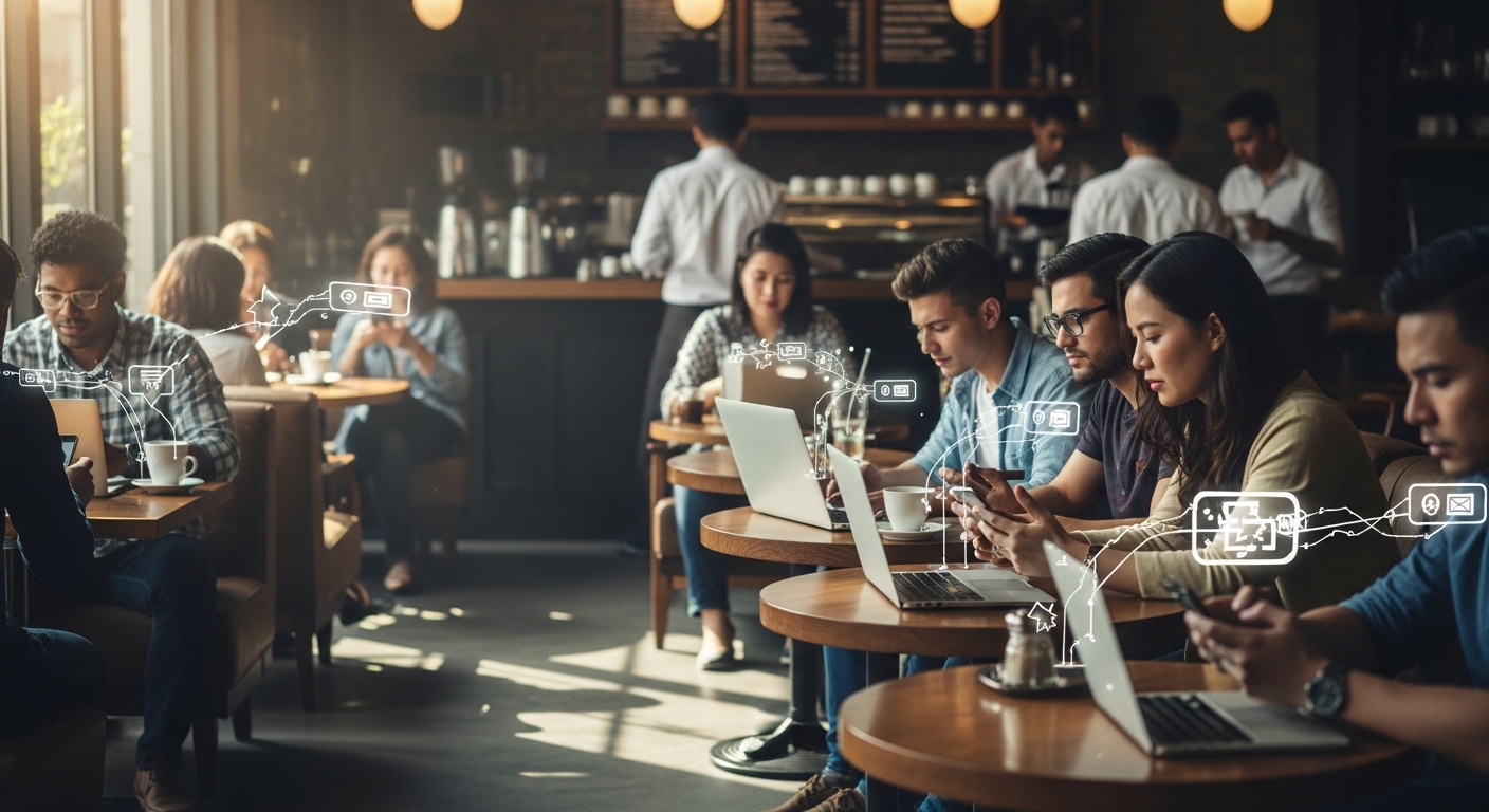 Khung cảnh quán cà phê sôi động, nơi mọi người dùng laptop, smartphone để làm việc và kiếm tiền trên facebook với affiliate marketing trong không gian ấm áp, thân thiện.