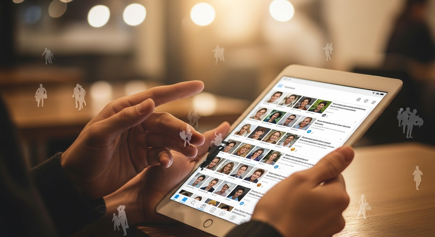 Ảnh cận cảnh đôi tay đang cầm máy tính bảng hiển thị bảng tin mạng xã hội sôi động, chia sẻ về cách kiếm tiền trên FB tại không gian quán cà phê thư giãn.