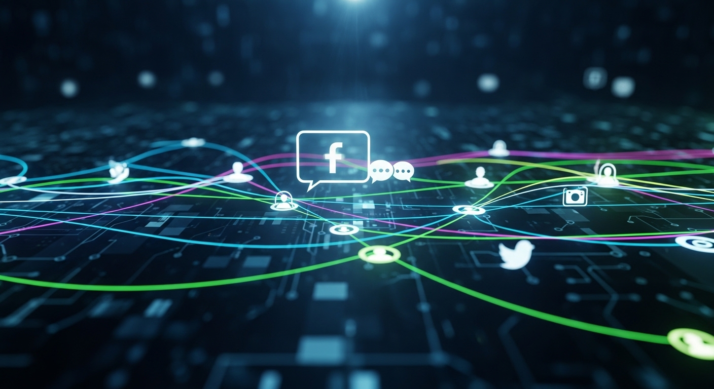 Mạng lưới kỹ thuật số liên kết với đường sáng, biểu tượng người dùng và các logo mạng xã hội (như chữ 'F'), gợi mở tiềm năng về cách kiếm tiền trên Facebook.