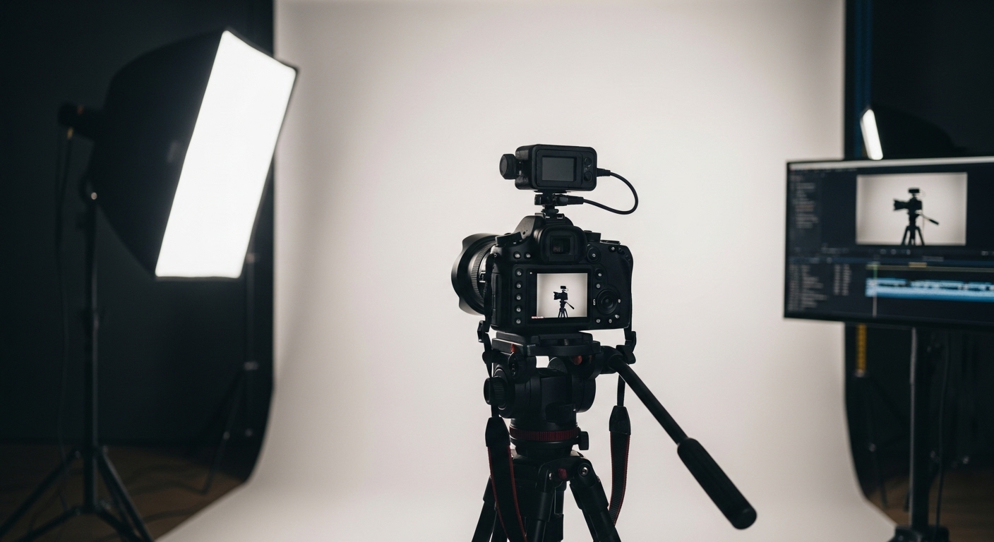 Setup studio chuyên nghiệp với máy quay và màn hình chỉnh sửa video, minh họa quy trình sáng tạo nội dung chất lượng cao, tiền đề cho cách kiếm tiền trên facebook hiệu quả.