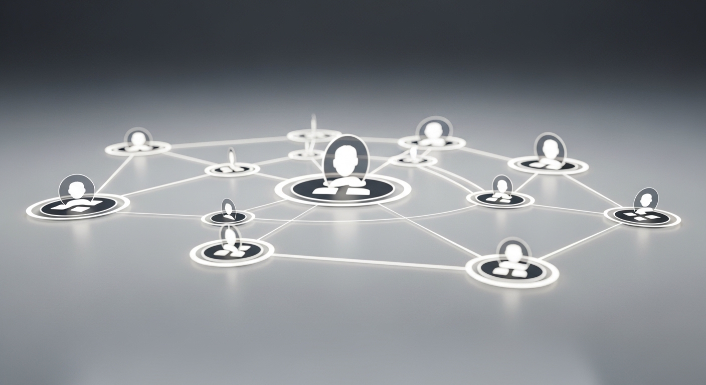 Mạng lưới kỹ thuật số trừu tượng với các biểu tượng hồ sơ người dùng liên kết, thể hiện sự tương tác và xây dựng cộng đồng hiệu quả, minh họa tiềm năng cho cách bật kiếm tiền trên Facebook.