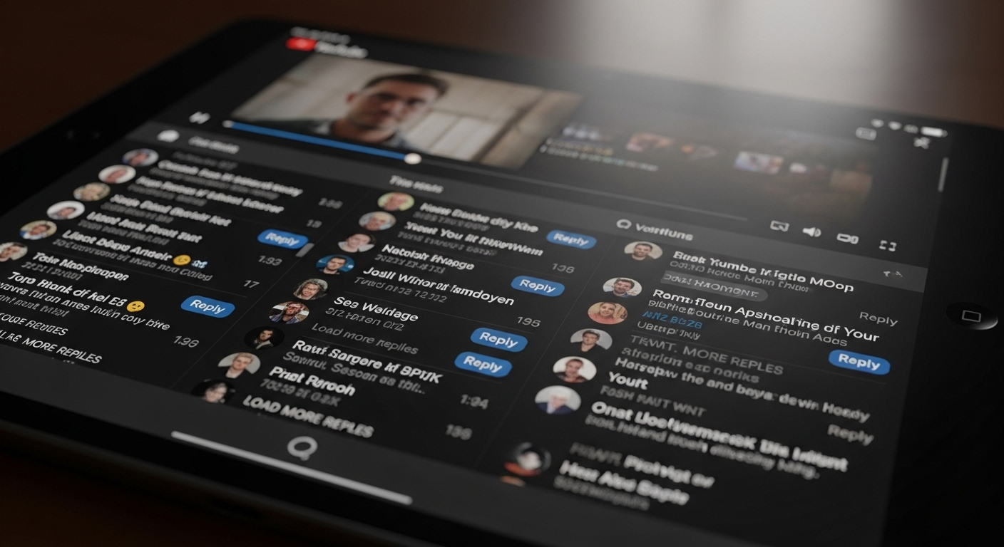 Màn hình tablet hiển thị phần bình luận YouTube sôi nổi, thể hiện tương tác cao giúp tăng like Youtube hiệu quả.