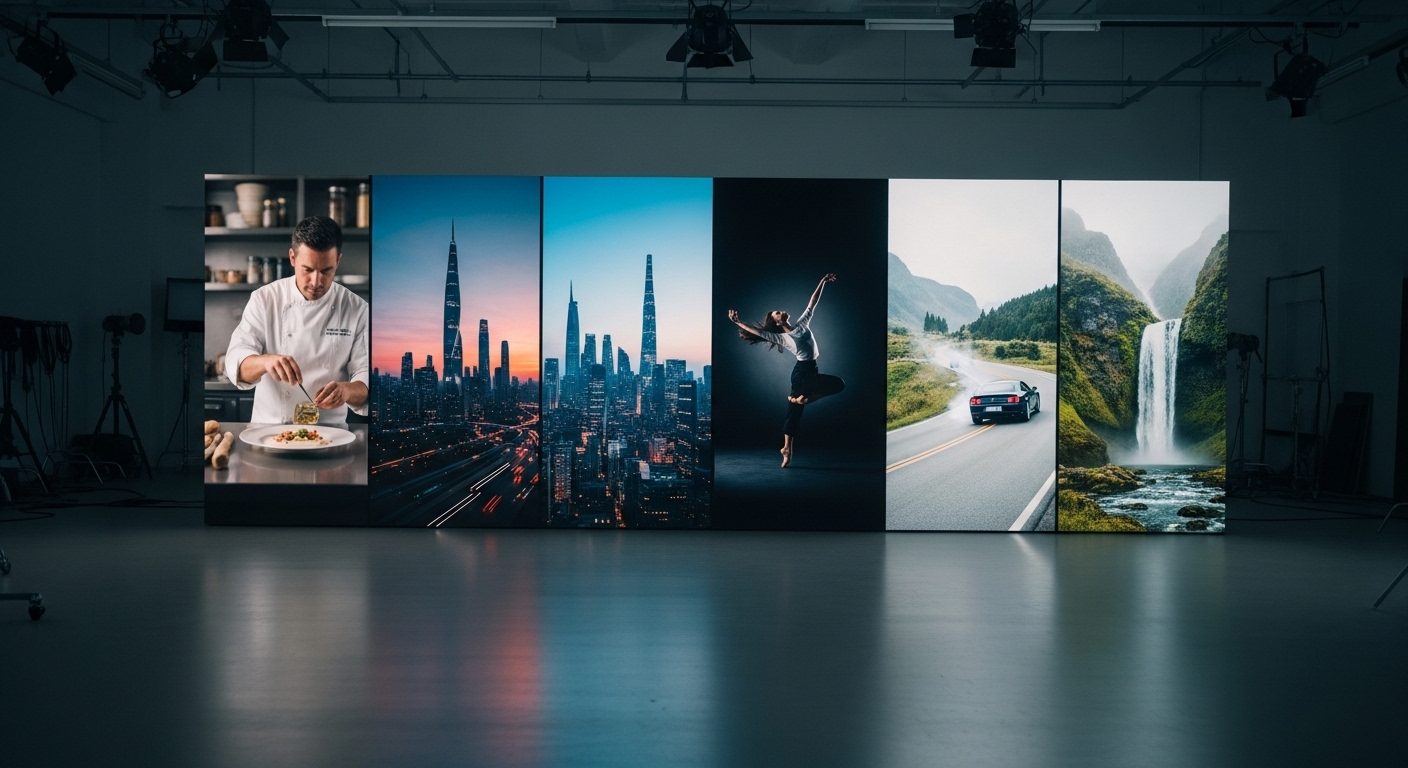 Màn hình kỹ thuật số lớn trong studio hiện đại hiển thị các khung hình video chuyên nghiệp, đa dạng, ví dụ điển hình cho cách tạo video Veo 3 trên Canva chất lượng cao.