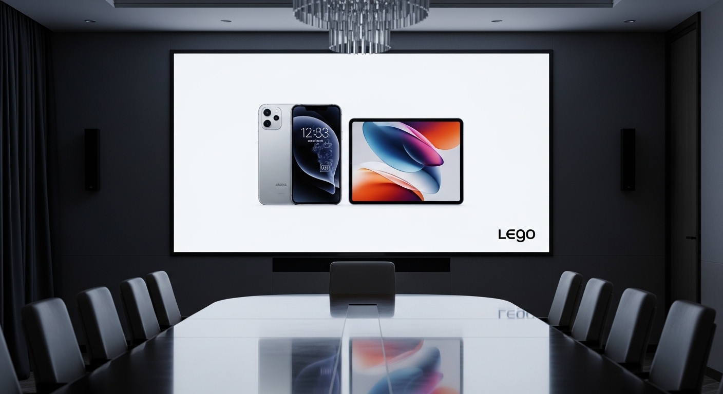 Video quảng cáo sản phẩm và thương hiệu chuyên nghiệp, chiếu fullscreen trên màn hình lớn phòng họp hiện đại, minh họa cách làm video trên Canva ấn tượng cho các buổi thuyết trình.