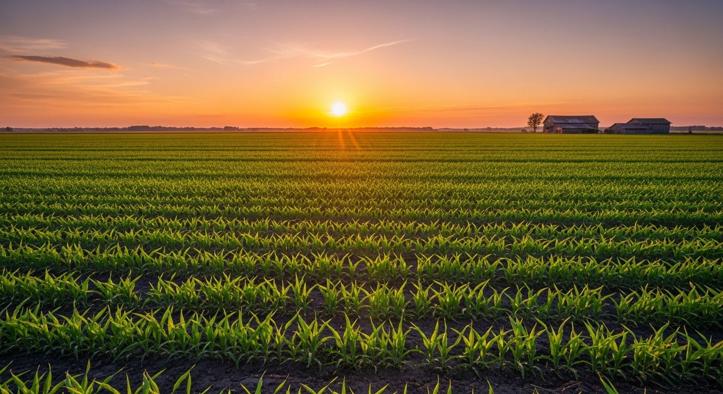 Cánh đồng nông sản bao la dưới hoàng hôn vàng rực rỡ, khung cảnh lý tưởng để tạo video bán nông sản ấn tượng.