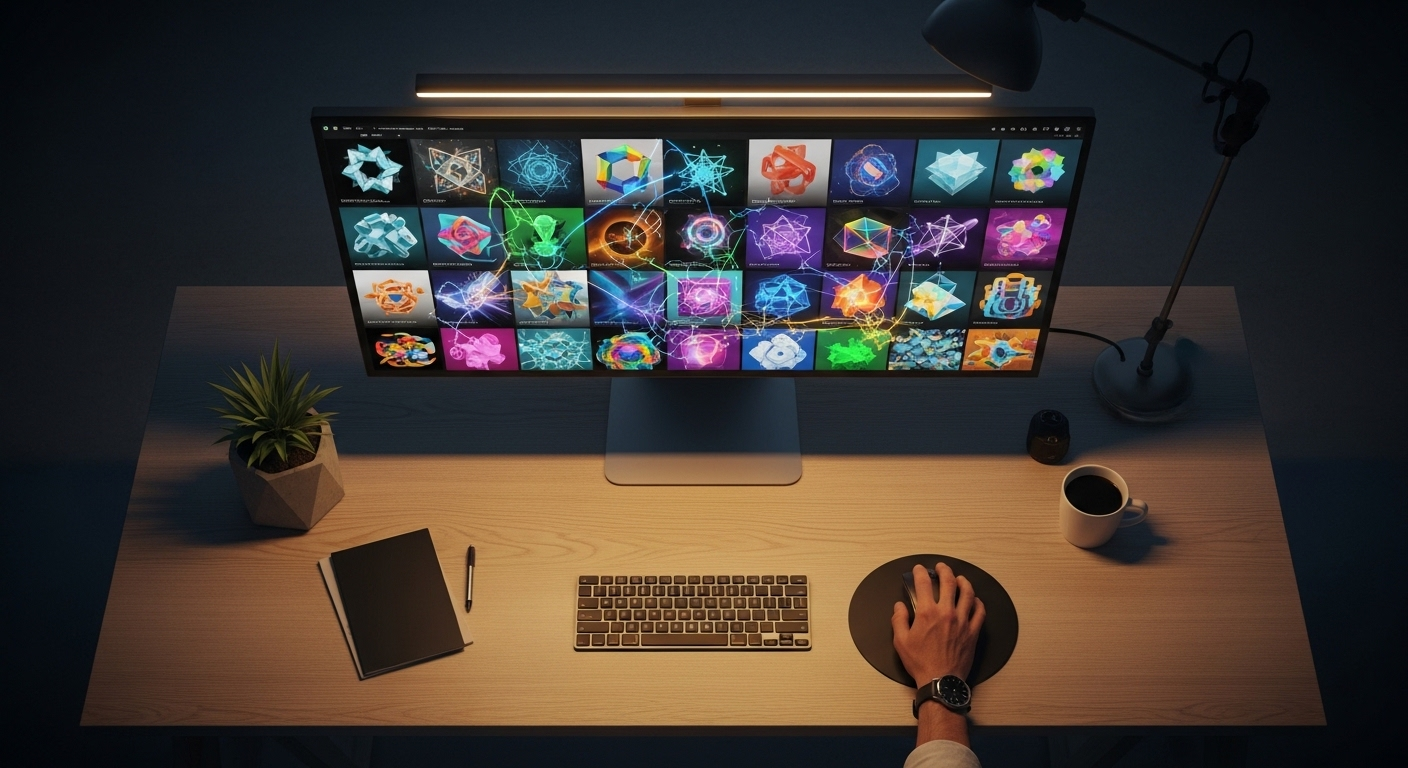 Bàn làm việc hiện đại, bàn tay nhà thiết kế di chuột trên màn hình lớn hiển thị lưới ý tưởng và bảng màu độc đáo do AI tạo. Hình ảnh minh họa cách sử dụng Canva AI để khơi nguồn cảm hứng thiết kế.