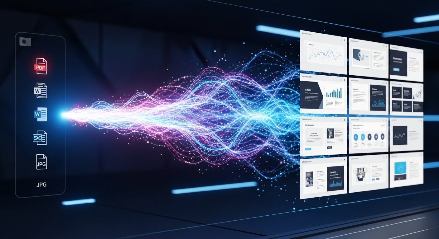 Giao diện số minh họa AI tự động chuyển đổi tài liệu PDF, Word thành slide thuyết trình chuyên nghiệp, phản ánh nội dung hướng dẫn tạo slide thuyết trình bằng Canva AI.