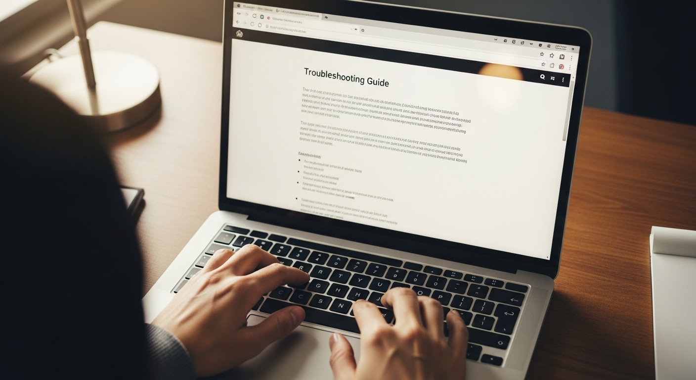 Bàn tay đang gõ laptop, màn hình hiển thị trang hướng dẫn khắc phục sự cố để tìm cách khắc phục Canva bị lỗi.