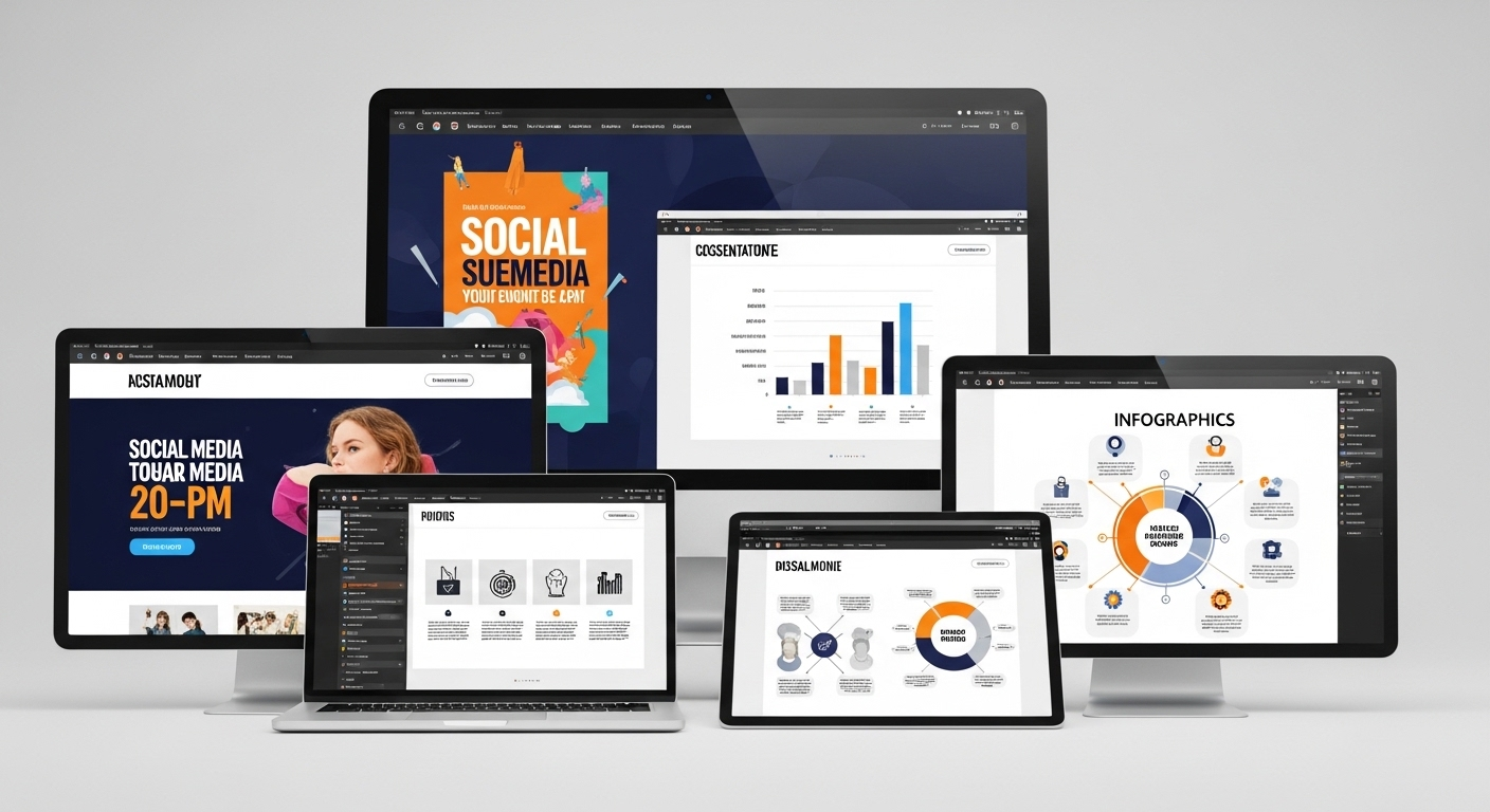 đồ họa mạng xã hội, slide thuyết trình, infographic rực rỡ, được trưng bày trên nhiều màn hình và máy tính bảng hiện đại. Dễ dàng tạo ra những tác phẩm ấn tượng như vậy khi bạn tải Canva về máy tính.