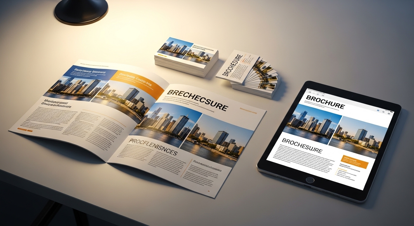 Tờ rơi và danh thiếp in chuyên nghiệp đặt cạnh máy tính bảng hiển thị thiết kế số. Hình ảnh minh họa kết quả sau khi bạn biết cách lưu ảnh trên Canva để in ấn hoặc hiển thị trực tuyến.