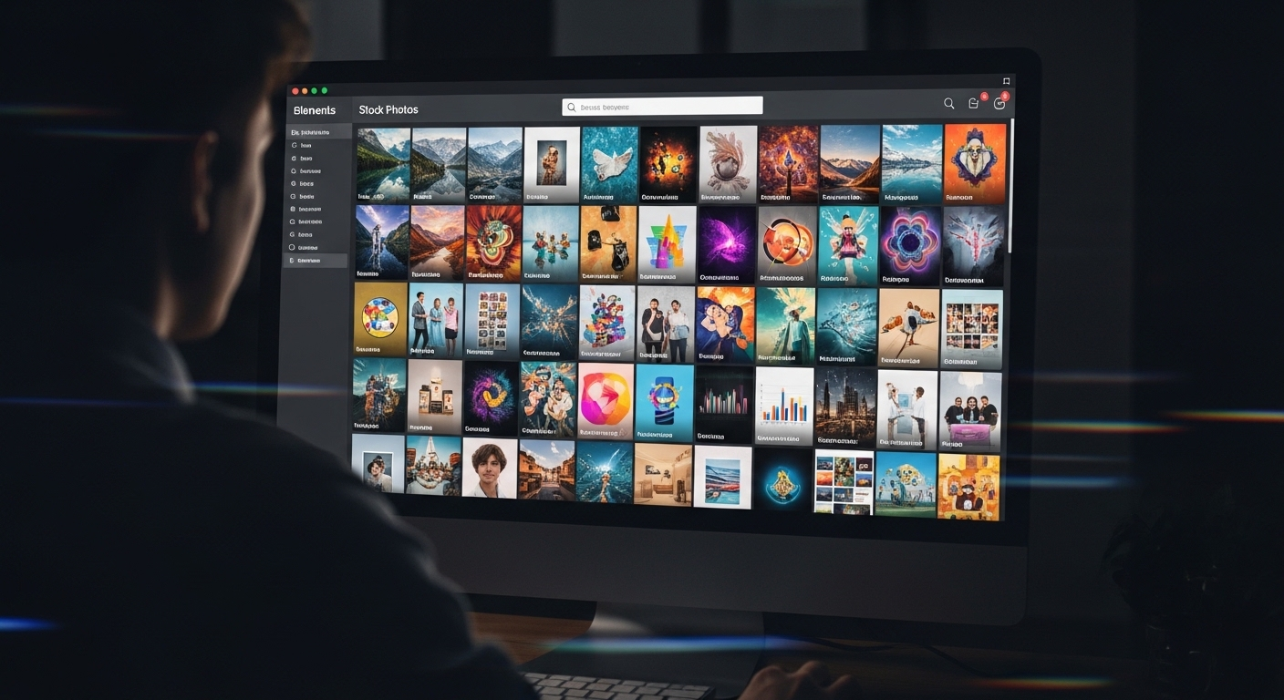 Người dùng đang chọn ảnh từ thư viện stock đa dạng trên màn hình máy tính để dễ dàng chèn ảnh vào Canva, phục vụ cho mọi thiết kế chuyên nghiệp.