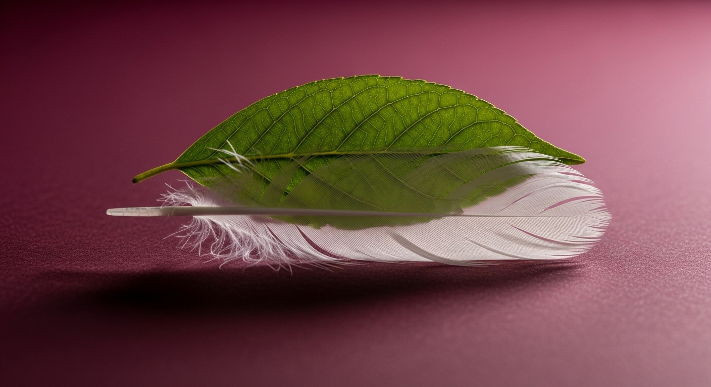 Lá xanh và lông vũ trắng sắc nét trên nền đỏ burgundy, lý tưởng để tách nền bằng Canva.