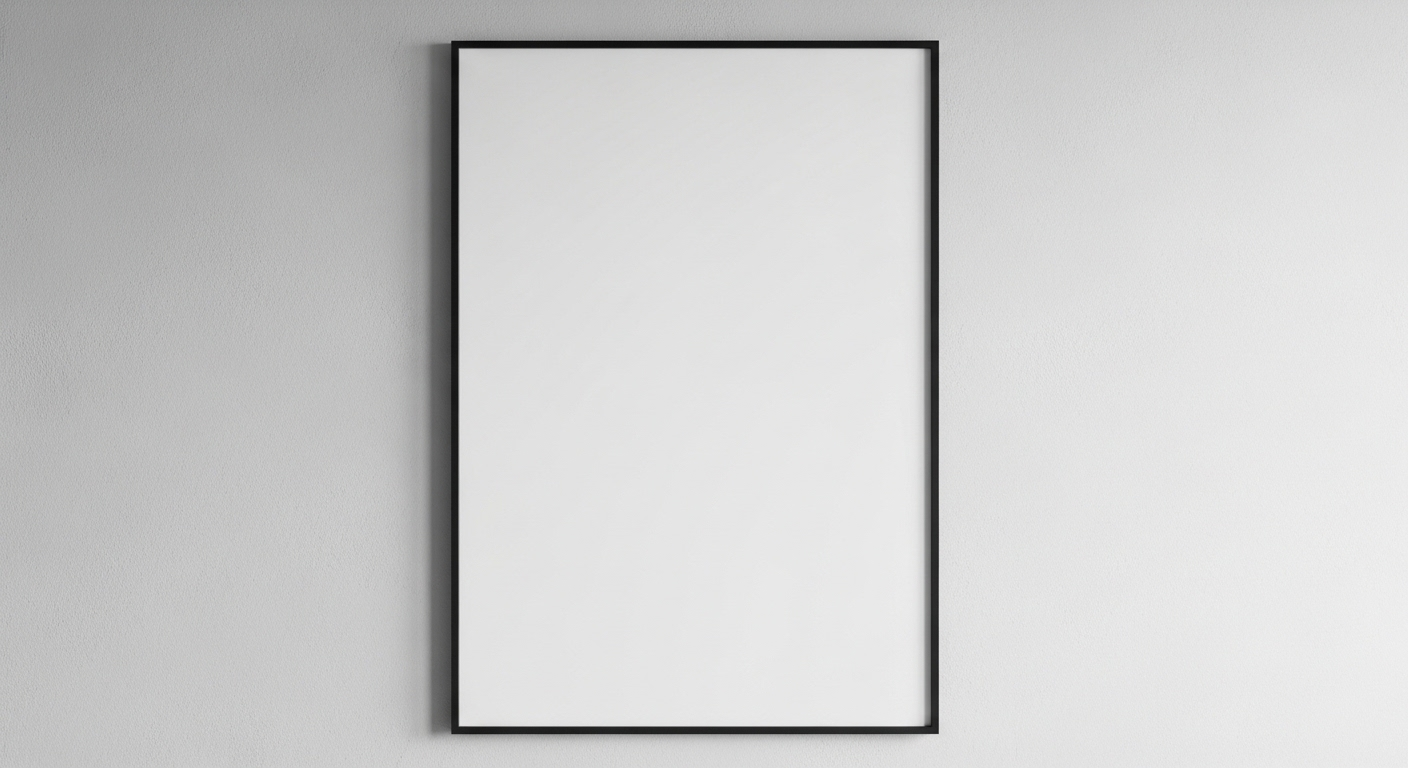 Mockup poster trắng trống tối giản trong khung đen treo tường xám, lý tưởng để áp dụng khi tìm hiểu cách làm mockup trên Canva.