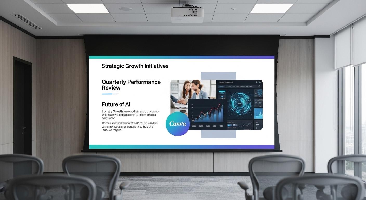 Màn hình lớn chiếu một slide thuyết trình Canva được thiết kế chuyên nghiệp với văn bản rõ ràng, hình ảnh chất lượng cao và bố cục tối giản, minh họa cách làm slide trên Canva hiệu quả và ấn tượng.