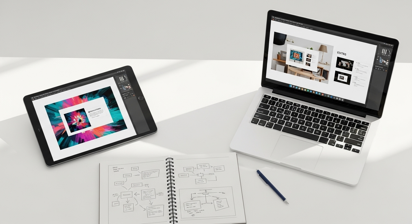 Bàn làm việc gọn gàng với laptop và tablet, thể hiện quá trình tinh chỉnh bài thuyết trình. Tablet hiển thị thiết kế nghệ thuật ban đầu, trong khi laptop là phiên bản hoàn thiện, sẵn sàng để chỉnh sửa. Đây là minh họa trực quan cho cách chuyển từ Canva sang PowerPoint để tối ưu quy trình làm việc sáng tạo.