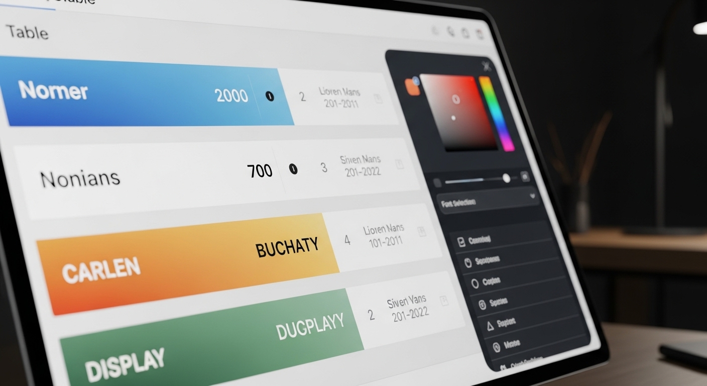 Bảng kỹ thuật số được tùy chỉnh linh hoạt trên màn hình, với các hàng cột có màu sắc và kiểu chữ đa dạng, hài hòa. Các công cụ chọn màu, phông chữ mờ ảo minh họa các tùy chọn thiết kế, thể hiện sự dễ dàng khi bạn tìm hiểu cách tạo bảng trong Canva để tạo ra những bảng biểu ấn tượng.