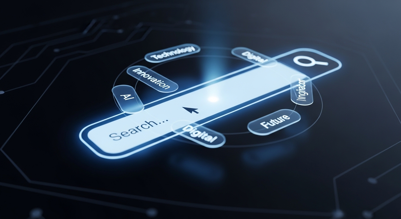 Thanh tìm kiếm kỹ thuật số phát sáng với thẻ từ khóa nổi bật, biểu tượng kính lúp, minh họa chiến lược SEO hiệu quả giúp tối ưu hóa nội dung và tăng Like Youtube.