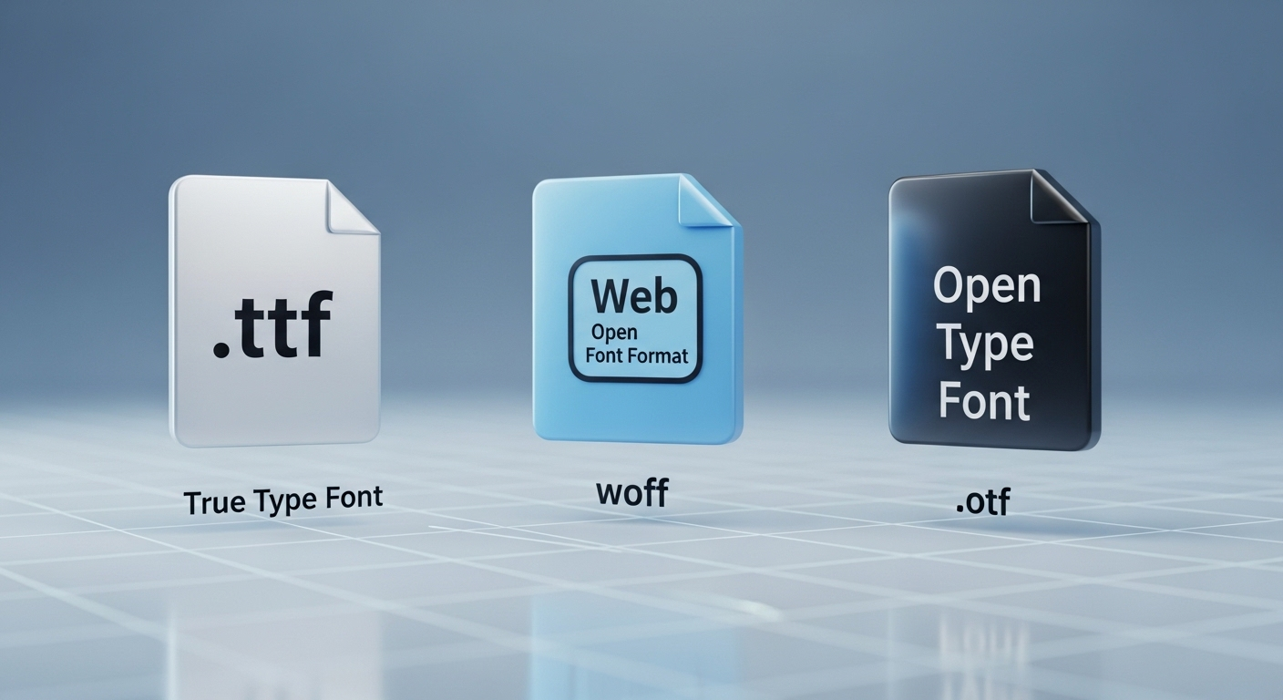 Biểu tượng 3D của các định dạng font chữ phổ biến như .ttf, .woff, .otf trên nền kỹ thuật số. Hình ảnh giúp bạn nhận diện các loại file cần thiết khi tìm hiểu cách tải font chữ lên Canva.