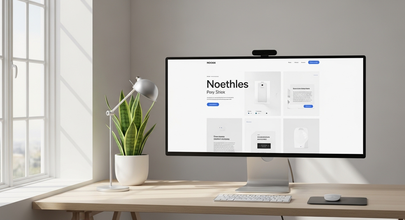 Bàn làm việc tối giản với màn hình lớn hiển thị giao diện website hiện đại, sạch sẽ, sử dụng font chữ sans-serif rõ ràng, lý tưởng cho font việt hóa Canva, cùng không gian trắng và ánh sáng tự nhiên.