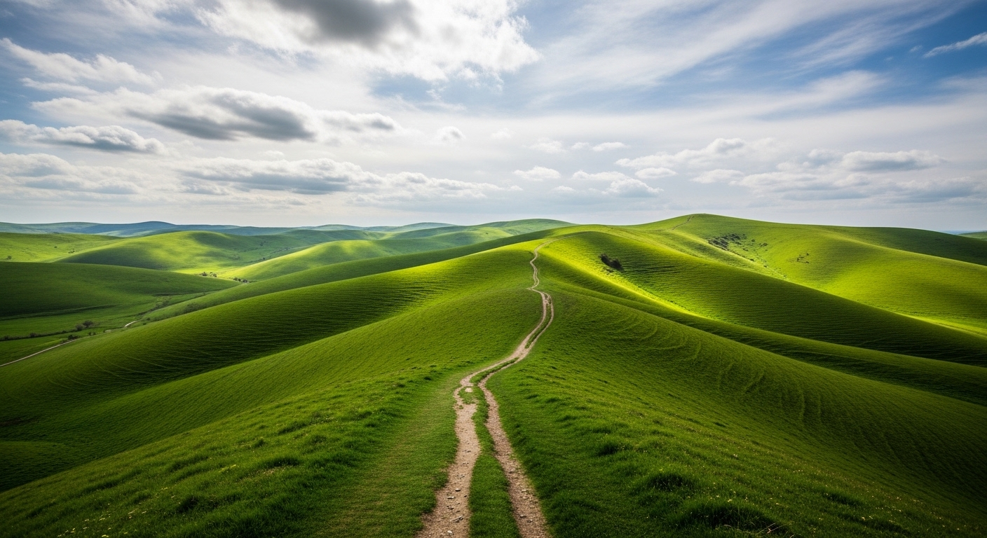 Phong cảnh đồi xanh mướt rộng lớn, con đường uốn lượn, bầu trời trong xanh. Một bức ảnh lý tưởng để áp dụng cách cắt ảnh trên Canva và tối ưu bố cục.