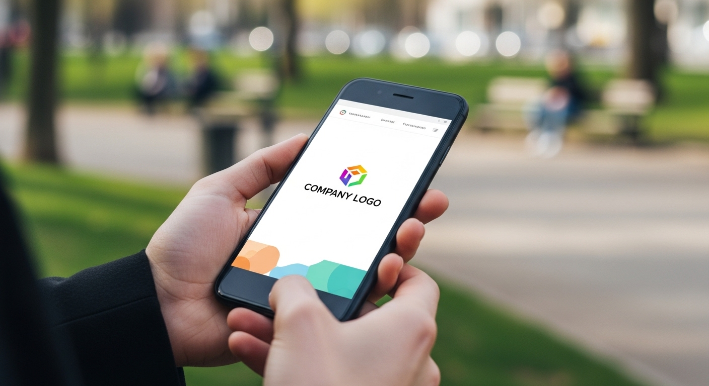 Đôi tay cầm smartphone hiển thị logo công ty chuyên nghiệp trên giao diện website, nền công viên đô thị sống động. Thể hiện cách thiết kế logo trên Canva dễ dàng và ấn tượng.
