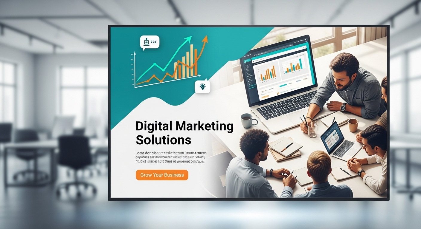 Một áp phích tiếp thị kỹ thuật số chuyên nghiệp, rực rỡ hiển thị trên màn hình lớn trong văn phòng hiện đại, minh họa hiệu quả cách sử dụng Canva để tạo thiết kế ấn tượng.