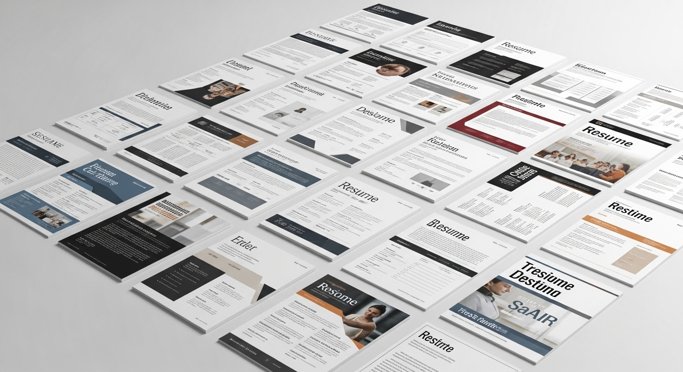 Các mẫu CV đa dạng trải rộng trên bàn trắng, thể hiện nhiều bố cục, màu sắc và phông chữ, giúp bạn dễ dàng tạo CV trên Canva chuyên nghiệp.