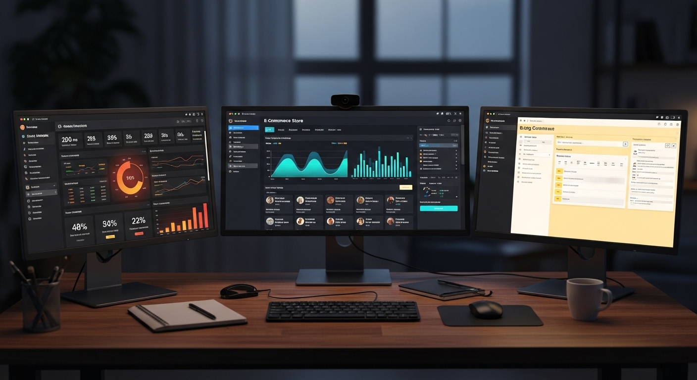 Bàn làm việc với ba màn hình hiển thị hoạt động e-commerce, phân tích mạng xã hội và quản trị blog, minh họa MMO là gì qua các nguồn thu nhập kỹ thuật số đa dạng. Bàn làm việc với ba màn hình hiển thị hoạt động e-commerce, phân tích mạng xã hội và quản trị blog, minh họa MMO là gì qua các nguồn thu nhập kỹ thuật số đa dạng.