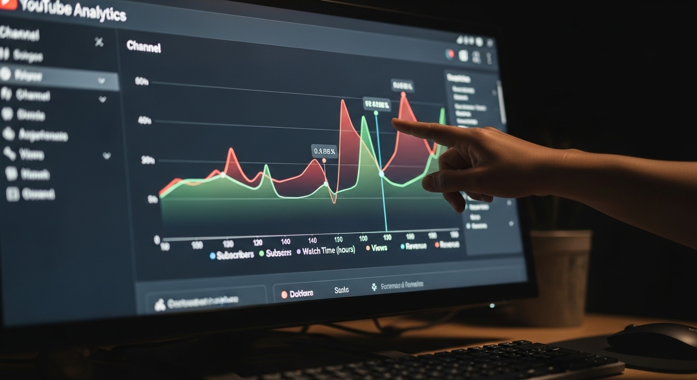 Tay chỉ vào biểu đồ tăng trưởng kênh trên bảng điều khiển YouTube Analytics, minh họa tầm quan trọng của việc phân tích hiệu suất khi học làm Youtube cho người mới bắt đầu.