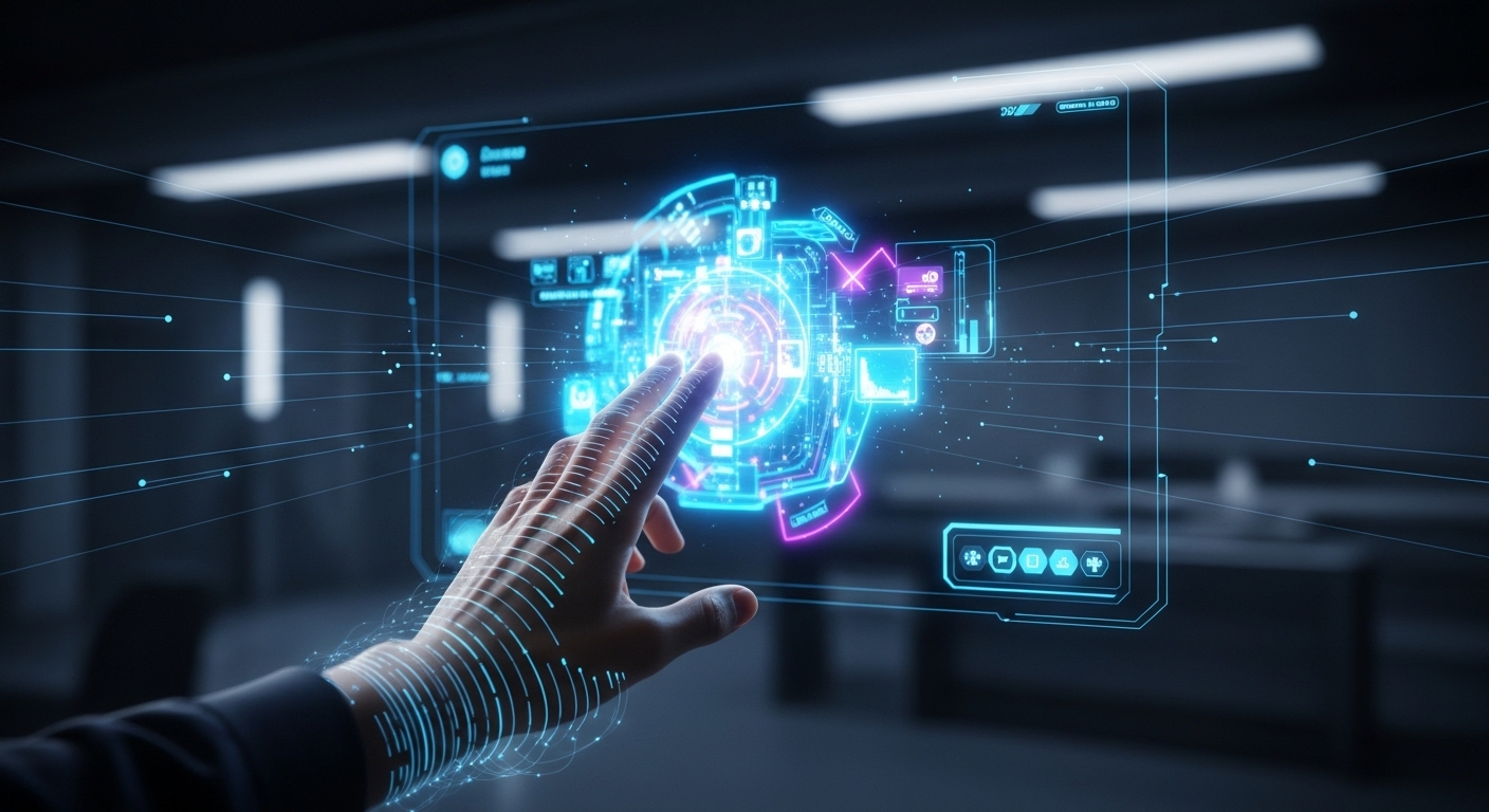 Người dùng điều khiển hình chiếu 3D holographic phức tạp bằng cử chỉ tay, trình diễn quá trình tạo video bằng AI tiên tiến trong một không gian tương lai mờ ảo.