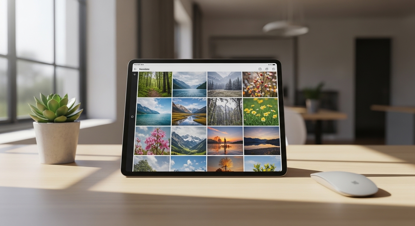 Máy tính bảng trên bàn làm việc tối giản, hiển thị lưới ảnh thiên nhiên chất lượng cao, lý tưởng cho việc tìm hiểu cách chuyển ảnh thành video bằng AI trên Canva.