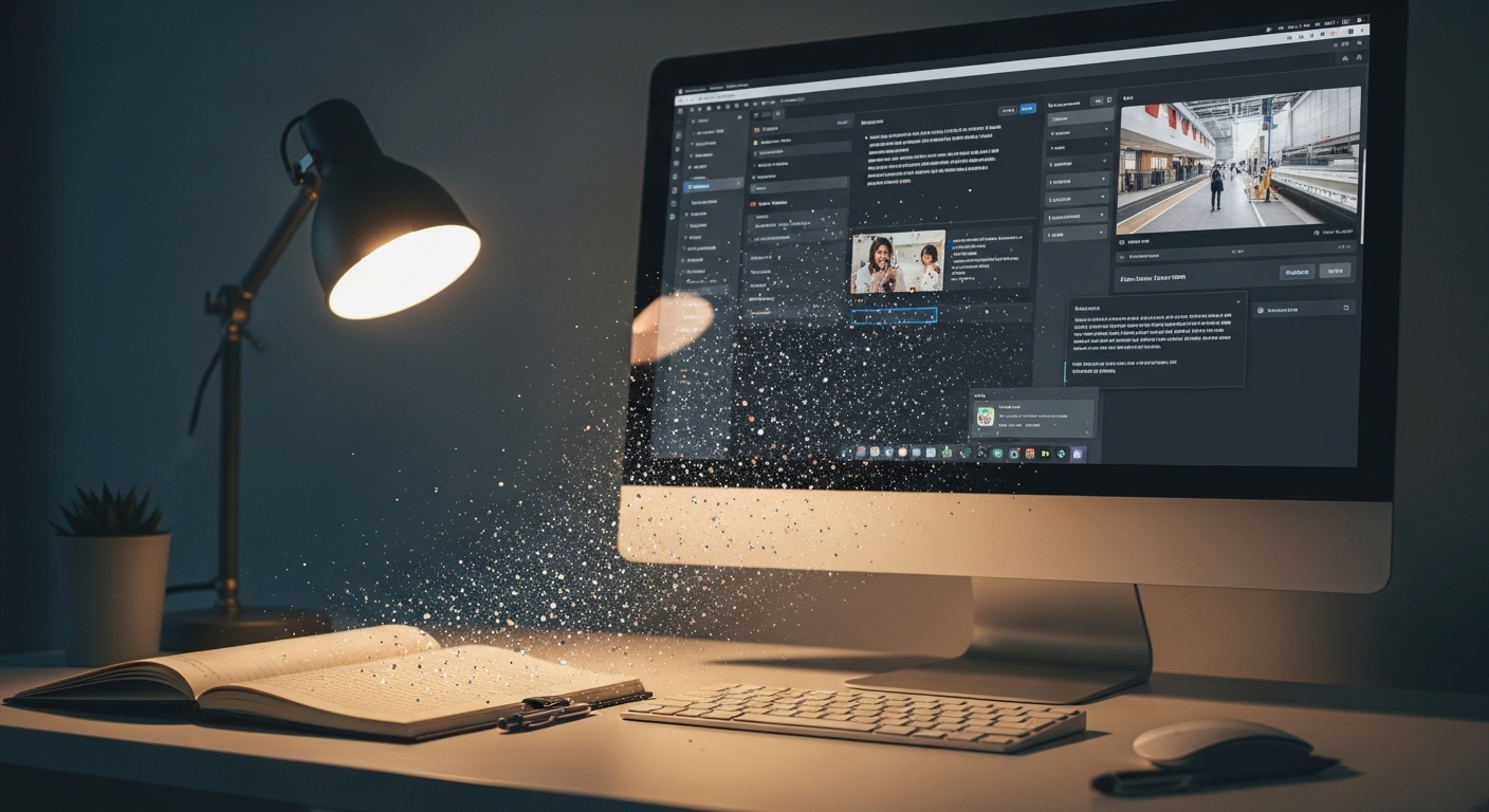 Cảnh bàn làm việc với màn hình máy tính hiển thị ứng dụng làm video bằng AI đang chuyển đổi văn bản thành các clip video và đồ họa động trong thời gian thực, cạnh sổ tay kịch bản.