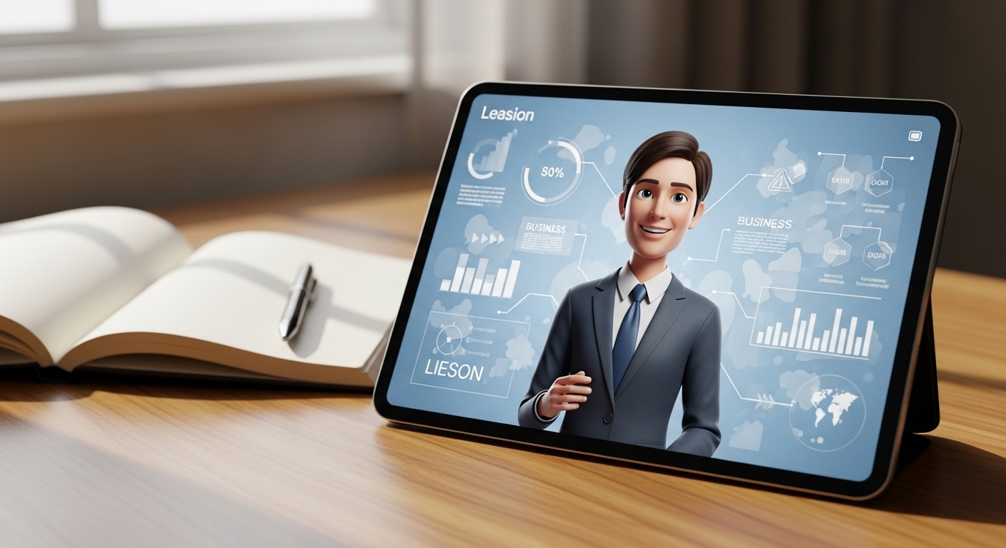 Máy tính bảng trên bàn hiển thị avatar kỹ thuật số thân thiện, chuyên nghiệp đang giảng bài với nền đồ họa thông tin, minh họa một ứng dụng của công nghệ như D-ID là gì.