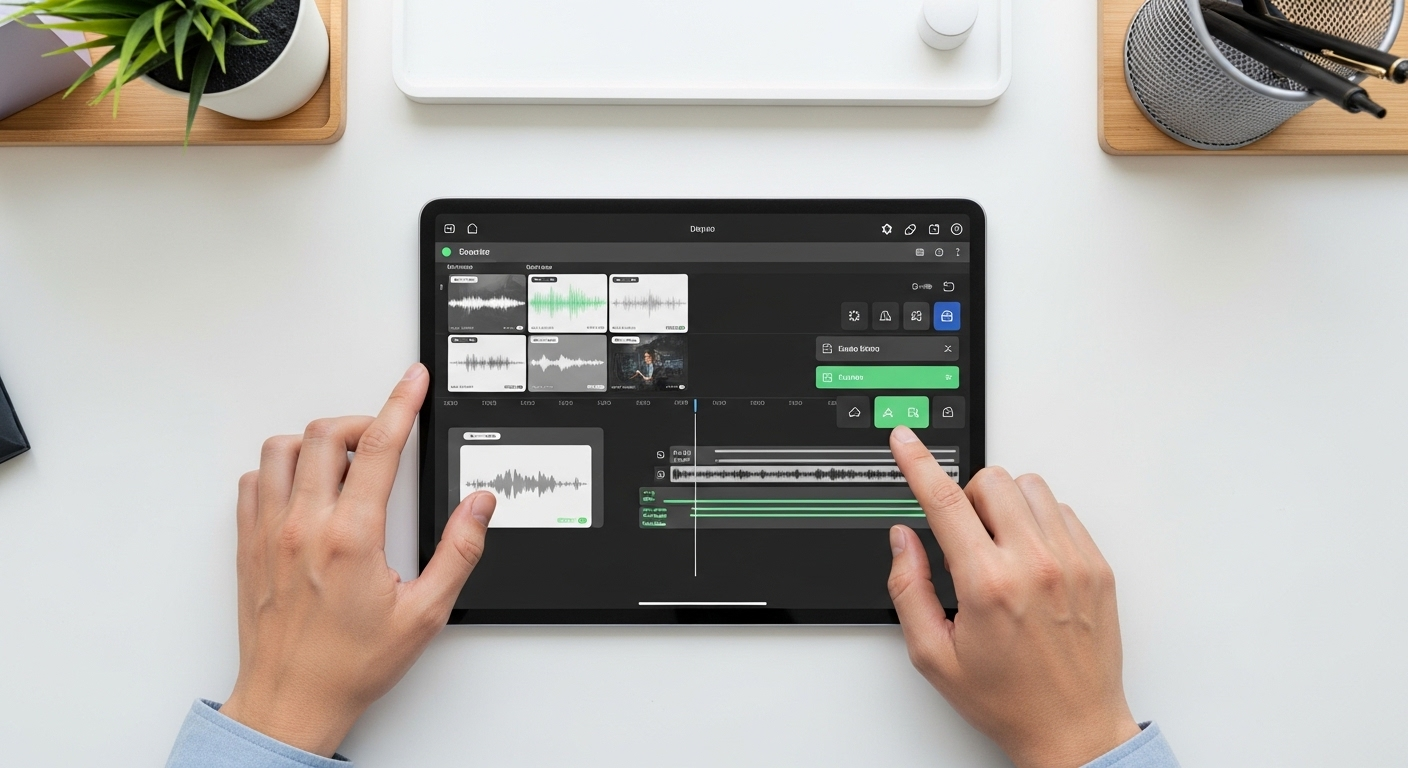 Tay người thao tác trên máy tính bảng với giao diện chỉnh sửa video trực quan, giúp làm video bằng AI hiệu quả.