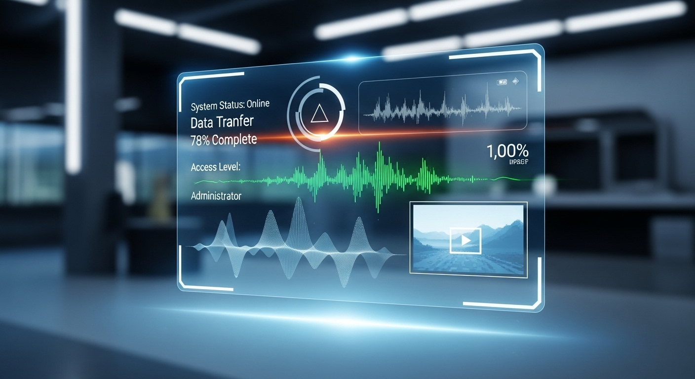 Một giao diện kỹ thuật số với các lớp văn bản, đồ họa, sóng âm thanh và khung video, thể hiện cách tạo video bằng Canva.