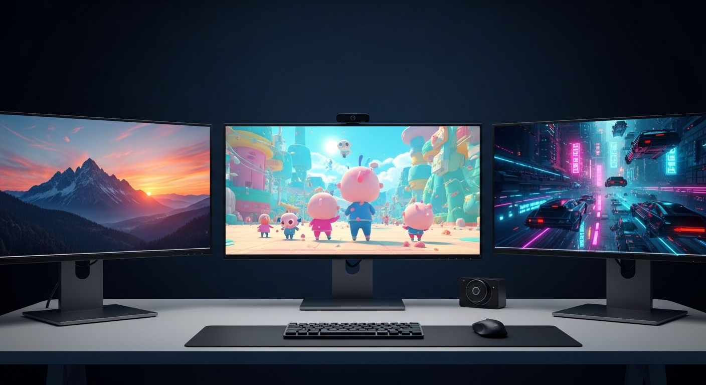 Ba màn hình chất lượng cao trên bàn hiện đại hiển thị video đa dạng (phong cảnh, hoạt hình, điện ảnh) dưới ánh sáng studio chuyên nghiệp, thể hiện rõ tiềm năng khi tìm hiểu cách tạo video Veo 3 trên Canva để tạo ra nội dung ấn tượng.