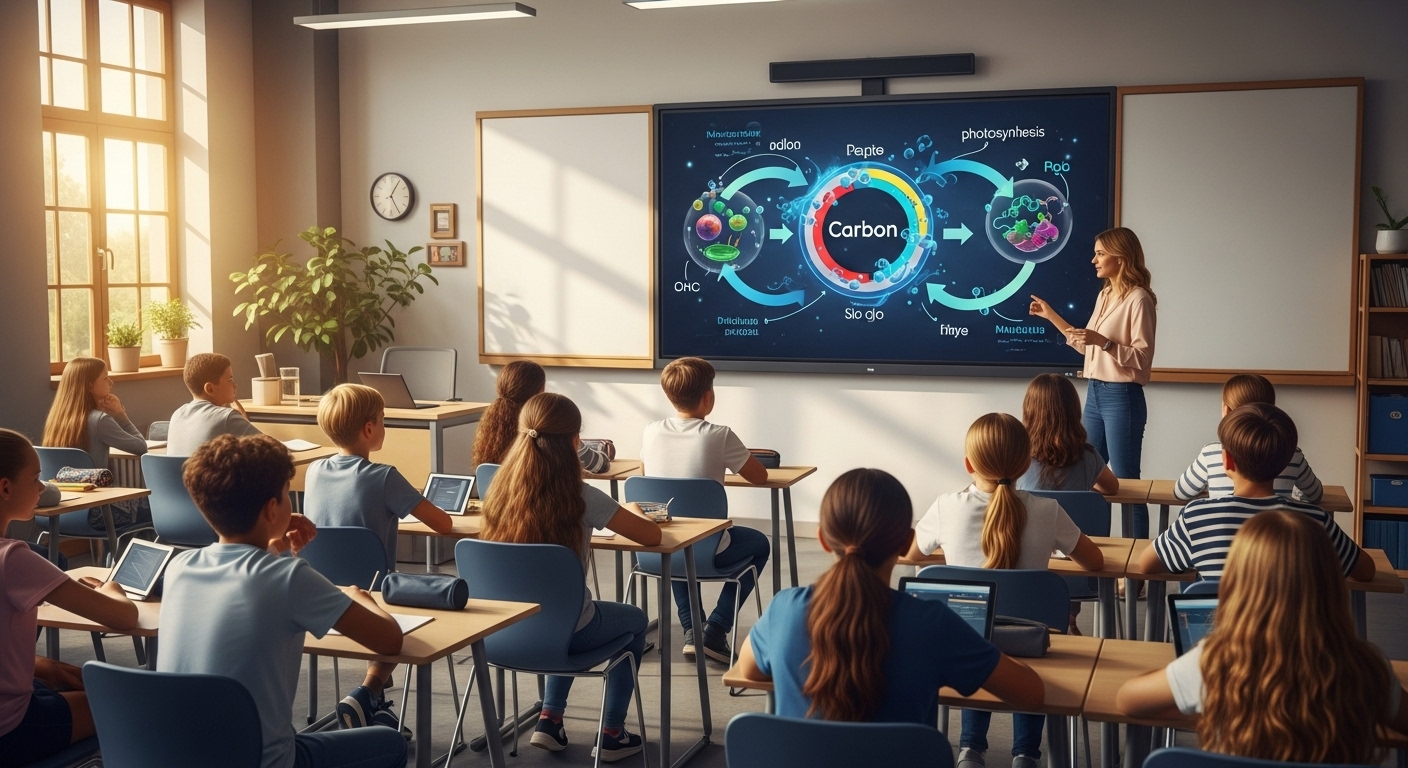 Lớp học hiện đại với học sinh tập trung xem video giáo dục khoa học tạo bởi AI trên màn hình lớn, minh họa ứng dụng thực tế khi tìm hiểu cách tạo video bằng AI Veo 3 tiếng Việt cho giảng dạy.