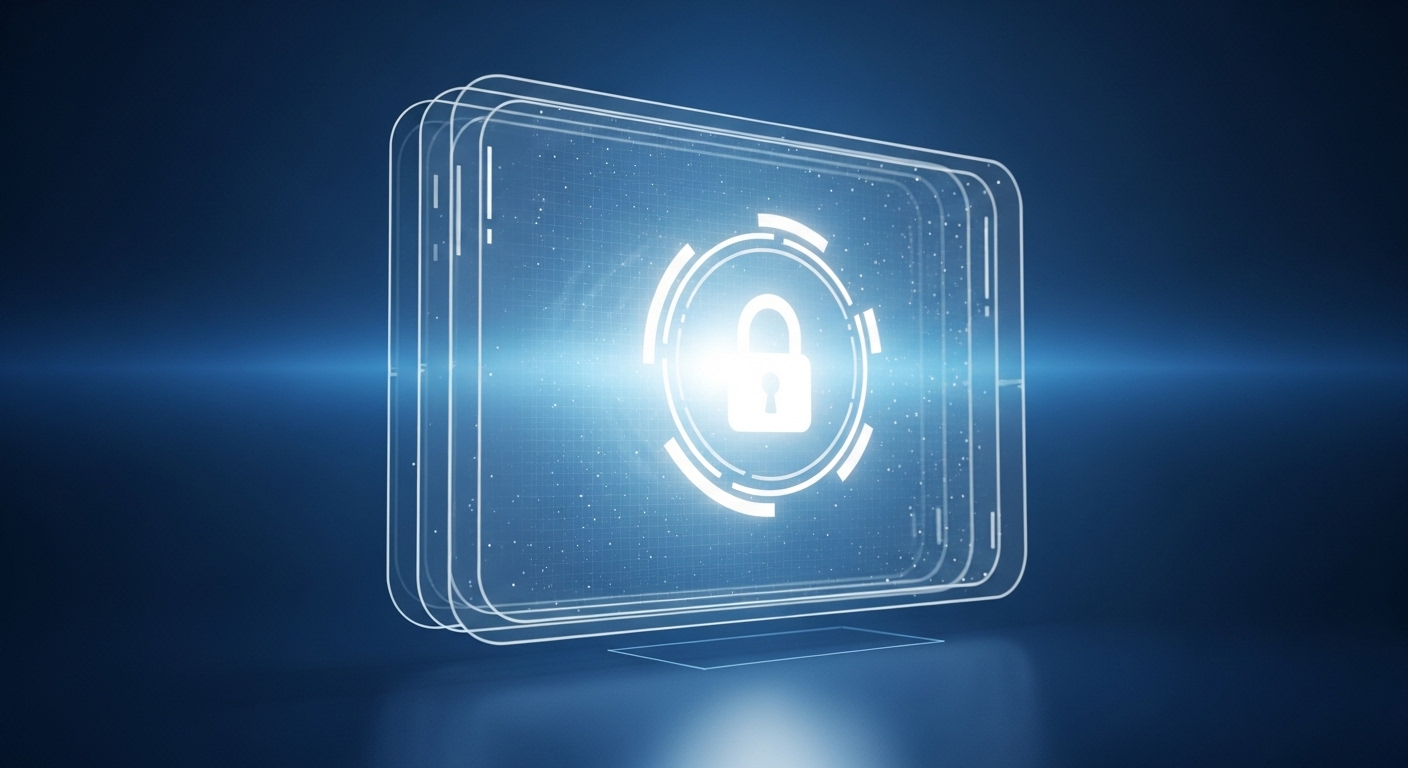 Ổ khóa kỹ thuật số phát sáng được bao quanh bởi các lớp lưới kỹ thuật số trong suốt, biểu tượng của an ninh mạng và quyền riêng tư dữ liệu nâng cao, giúp người dùng ngăn chặn bị RIP nick Facebook.