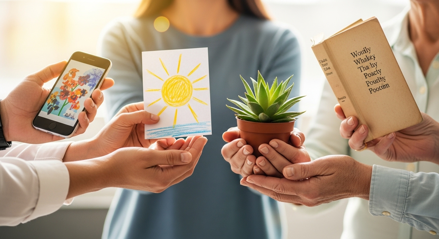 Một bức ảnh cận cảnh nhiều bàn tay đa dạng cầm smartphone, bản vẽ và cây nhỏ trong khung cảnh rực rỡ, tượng trưng cho sự sáng tạo và cách chuyển ảnh thành video trên Gemini giúp mọi ý tưởng trở nên sống động.